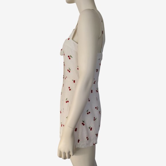 Forever 21 White Cherry Print Sweetheart Lace Up Chest Linen Romper - Picture 5 of 13